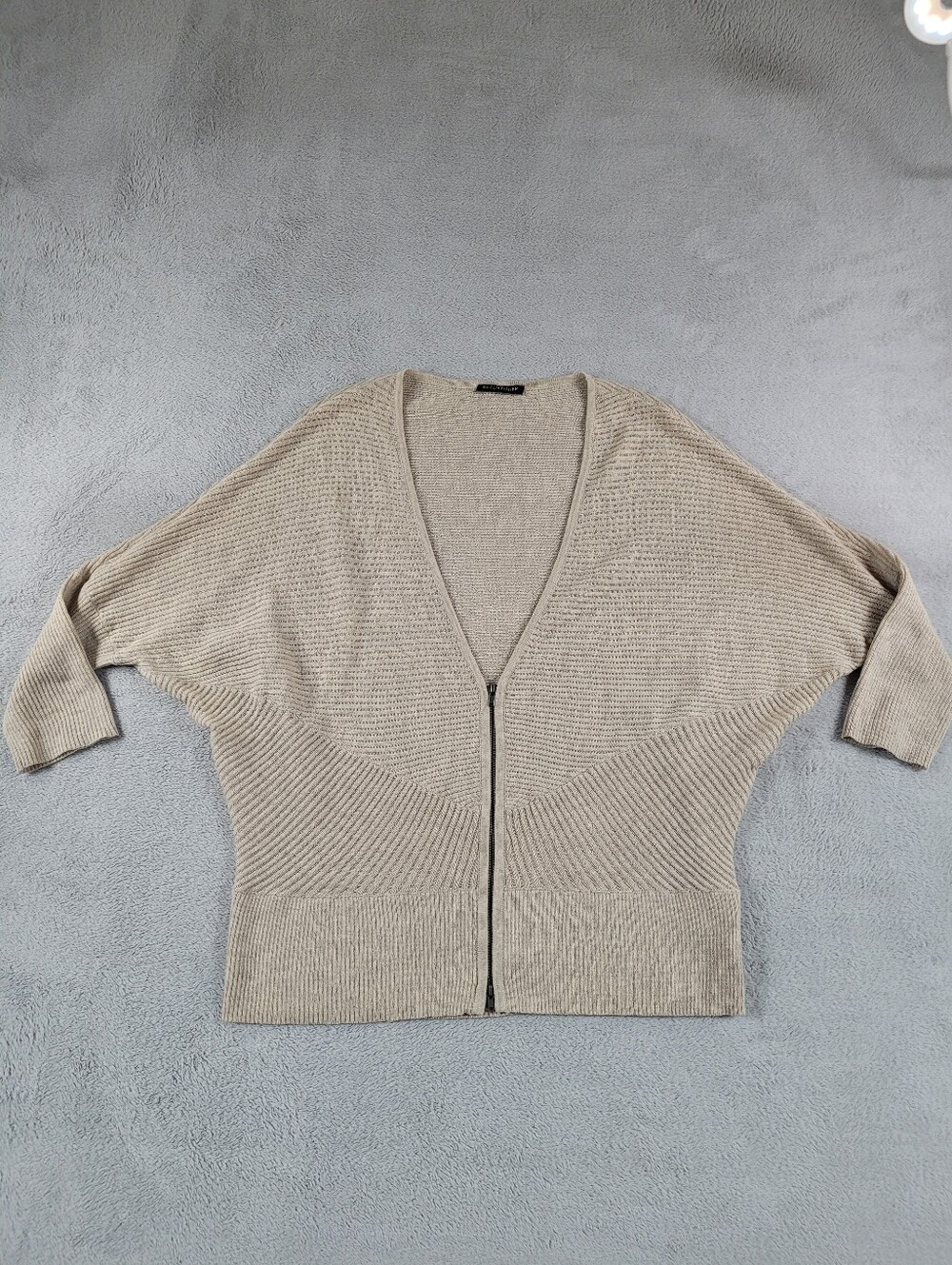Eileen Fisher Ribbed Zip Front Cardigan Sweater Neutral Beige Minimalist